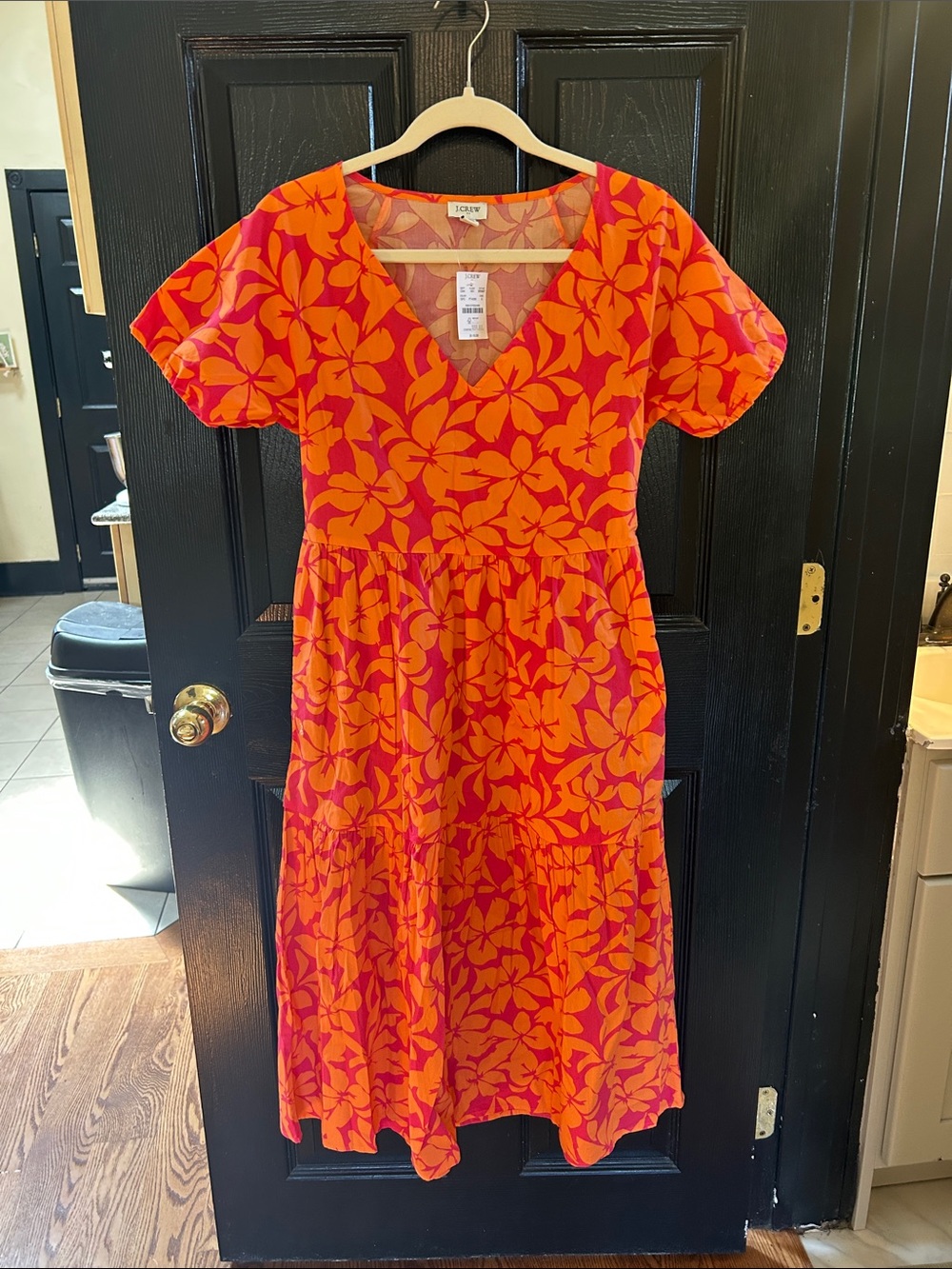 J. Crew Orange and Pink Floral V-Neck Tiered Midi Dress